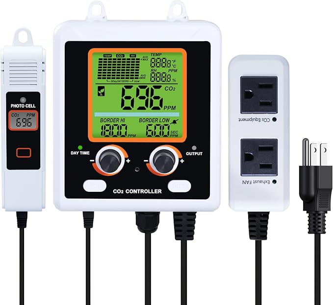 CO2 Controller Dual Outlets Carbon Dioxide Controller for Grow Room, Two Smart Plugs Automatically Control Regulators and Fans, NDIR Sensor and Display CO2 Chart, Temp, RH