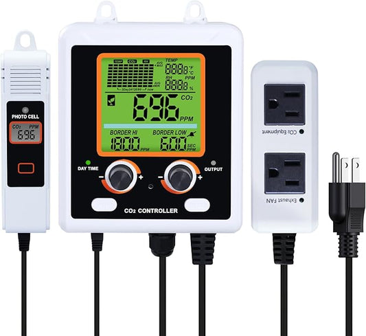 CO2 Controller Dual Outlets Carbon Dioxide Controller for Grow Room, Two Smart Plugs Automatically Control Regulators and Fans, NDIR Sensor and Display CO2 Chart, Temp, RH