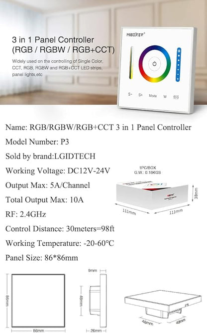 LGIDTECH P3 Wall-Mounted Full Touch Panel Controller for 3528 5050 2835 RGB RGBW RGB+CCT Dimmable Color Changing LED Strip Lighting DC 12-24V 10A 120W 240W.Support Voice and DMX512 Control