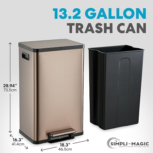 SIMPLI-MAGIC 13 Gallon/50 Liter Kitchen Trash Can, Stainless Steel Step-On Garbage Bin with Side Handles, Built-In Odor Filter Holder & Removable Inner Bucket for Kitchen & Office & Bedroom, Rose Gold
