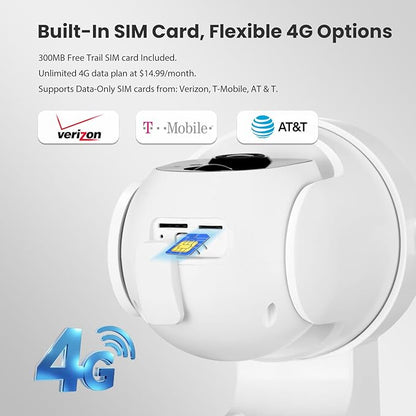 4G LTE Cellular Security Camera Wireless Outdoor, No WiFi Needed, 2K Color Night Vision, 360° View Pan/Tilt, 2 Way Talk, PIR Motion Sensor, Built-in SIM Card (Support Verizon/AT&T/T-Mobile)