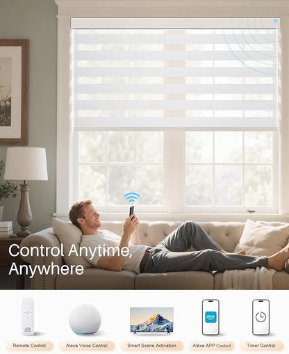 Smart Zebra Blinds for Windows, Alexa Motorized Blinds with Remote Control, Automatic Electric Power Zebra Shades for Indoor Windows (27" W x 72" H, White)