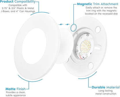 LUXRITE 3-4 Inch LED Flush Mount & Recessed Light, 7.5W, 5CCT 2700K-5000K, 650LM, Magnetic Trim, Dimmable Ceiling Can Light, Install to J-Box or 4 Inch Housing, Wet Rated, UL Listed