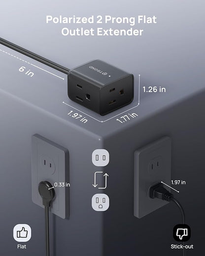 TROND Polarized 2 Prong to 3 Prong Outlet Adapter with 6 Inch Cord, Small 3 Way Outlet Extender No Blocking, Two Prong Flat Plug for Non-Ground Socket in Old Home Office Hotel Behind Furniture, Black