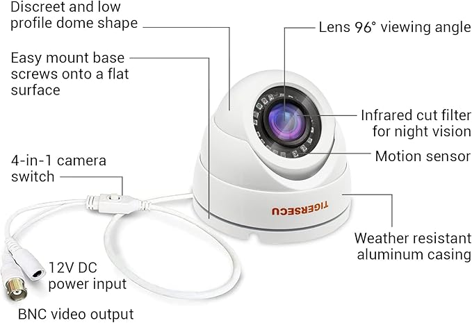 TIGERSECU 1080P Metal Wide Angle Dome Security Camera for DVR, Weatheproof for Indoor/Outdoor Use, Hybrid 4-in-1 OSD Switch for TVI/CVI/AHD/CVBS DVRs (Power Supply and Coaxial Cable Sold Separately)