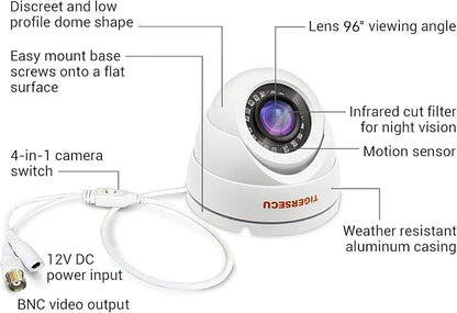 TIGERSECU 1080P Metal Wide Angle Dome Security Camera for DVR, Weatheproof for Indoor/Outdoor Use, Hybrid 4-in-1 OSD Switch for TVI/CVI/AHD/CVBS DVRs (Power Supply and Coaxial Cable Sold Separately)