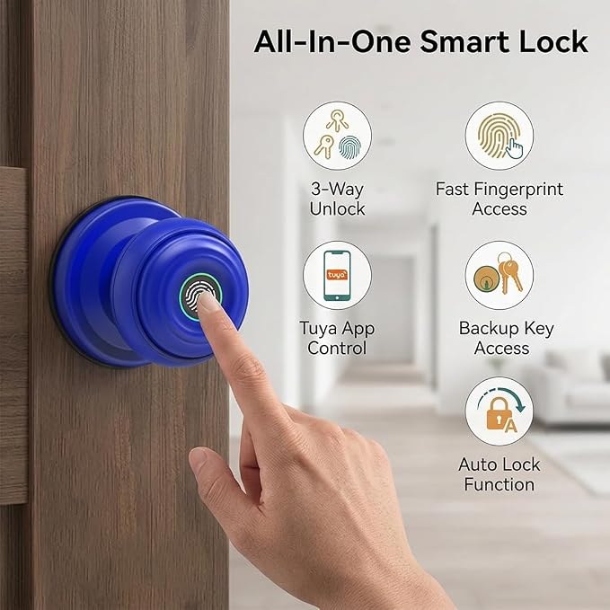 Smart Fingerprint Door Lock Knob, Tuya App Keyless Entry, Blue | Biometric Handle, Auto Lock, Remote Access，Easy Installation