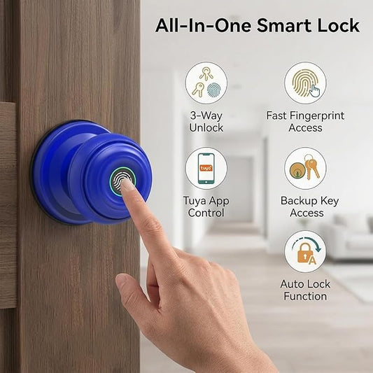 Smart Fingerprint Door Lock Knob, Tuya App Keyless Entry, Blue | Biometric Handle, Auto Lock, Remote Access，Easy Installation
