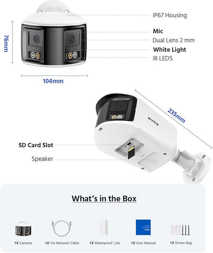 ANNKE FCD800 4K 8MP Dual Lens PoE Security Camera, 180°Panoramic View, Smart Dual Light Color Night Vision, Two-Way Audio, Light&Sound Alarm, AI Human/Vehicle Motion Detection, IP67 Weatherproof