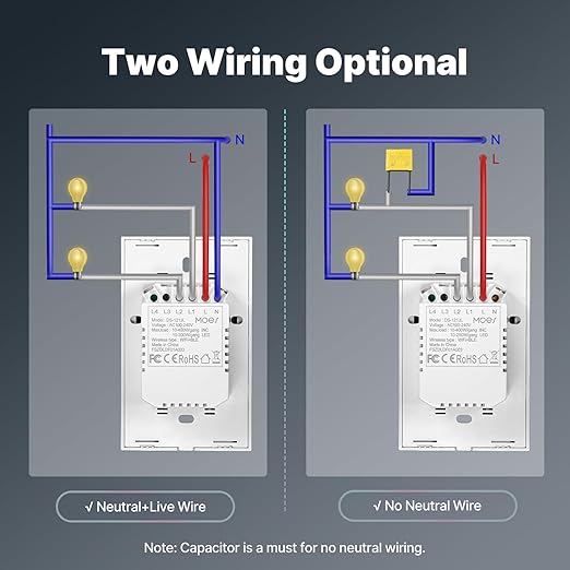 MOES 2nd Generation Smart Touch Wall Switch, 2.4GHz Wi-Fi Single Fire Single Pole Switch, No Neutral Wire Required, Remote MOES APP Control, Compatible with Alexa and Google Home 110V White 2 Gang