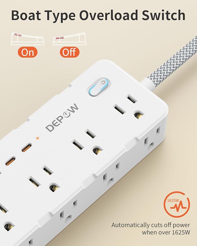 DEPOW Power Strip Surge Protector, 5FT Braided Extension Cord with Multiple Outlets-8 AC Outlets 4 USB Ports (2 USB C), Flag Plug Charging Station, 1700 Joule Surge Protection for Home Office, White