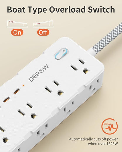 DEPOW Power Strips with Surge Protection, 10 FT Braided Extension Cord with Multiple Outlets-8 AC Outlets 4 USB Ports (2 USB C), 1700 Joule Surge Protector with Flag Plug for Home Office, White