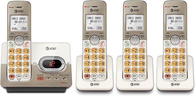 AT&T EL52413 4-Handset Cordless Phone with Digital Answering System, Extra-Large Backlit Keys, Caller ID/Call Waiting, DECT 6.0, Speakerphone – Light Champagne