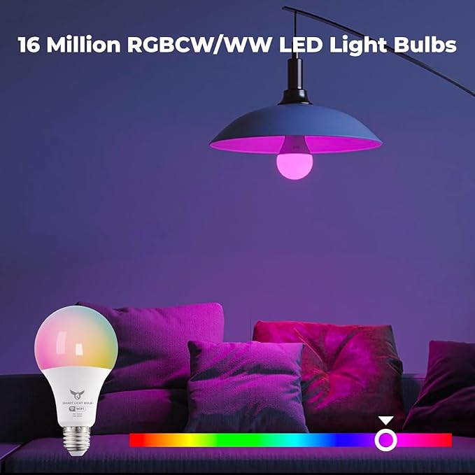 Smart Light Bulbs, 16 Million RGBCW/WW LED Light Bulbs, Music Sync, Bluetooth and Wi-Fi, App Control, A19 E26 9W (60W Equivalent), 806LM, 4 Pack