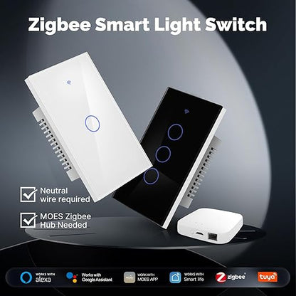 MOES Zigbee Smart Switches 4 Gang, Require MOES Zigbee Hub and Neutral Wire, Inteligente Single Pole Light Switch, Work as Relay, Support Tuya Smart Life, White