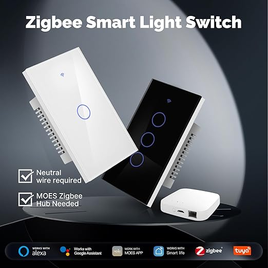 MOES Zigbee Smart Switch 2 Gang, Require MOES Zigbee Hub and Neutral Wire, Double Inteligente Light Switch, Work as Relay, Support Tuya Smart Life, White