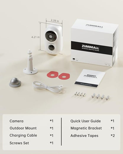 ZUMIMALL Security Cameras Wireless Outdoor with Magnetic Mount, No-Drill Installation, 2K Battery Powered Cameras for Home Security Indoor, 2.4G WiFi, Color Night Vision/130° View/AI Detection/Alexa