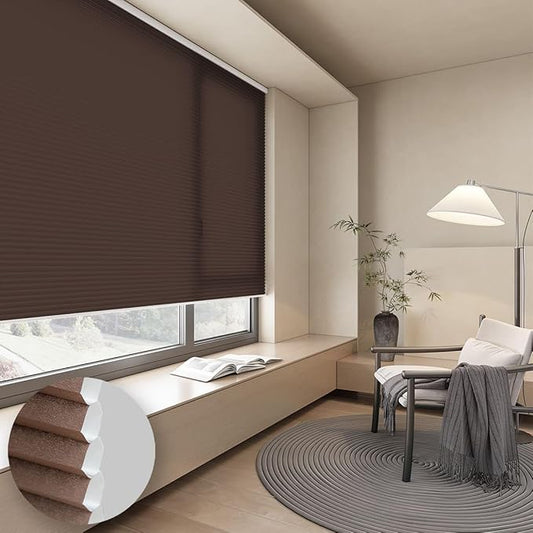 Cellular Shades Light Filtering Honeycomb Blinds for Indoor Windows, Cordless Cellular Shades 1.5 inch Cell Pleated for Bedroom Home Office, Custom Size, Half Shading Brown