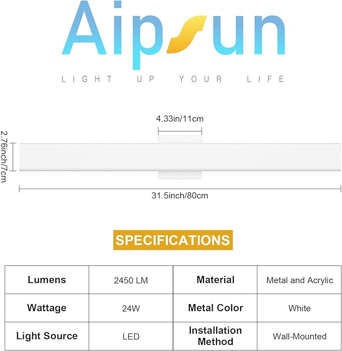 Aipsun 2 Packs Outdoor Wall Sconce, 3000K 4000K 6000K, 31.5in Modern White Exterior Light, Long LED Linear Wall Light Outside Lighting for Entrance, Hallway, Garage, Porch(3CCT)