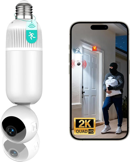 2K Light Bulb Security Cameras Outdoor Indoor - 355° Manual Pan