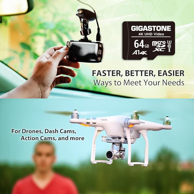 GIGASTONE 64GB Micro SD Card, A1 V30 4K Video Recording, Surveillance Security Cam Action Camera Drone Professional, 90MB/s Micro SDXC UHS-I A1 Class 10, with Adapter