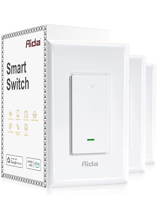 AIDA Smart Light Switch, Single Pole WiFi Smart Switch, Works with Alexa and Google Home, Neutral Wire Required, 2.4Ghz WiFi Switch for LED, CFL, Incandescent Bulbs, No Hub Required, White, 3 Pack