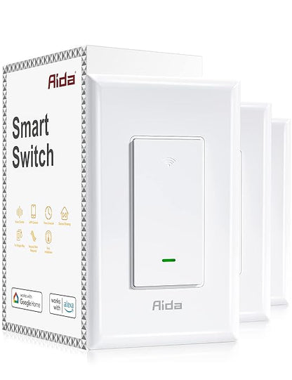 AIDA Smart Light Switch, Single Pole WiFi Smart Switch, Works with Alexa and Google Home, Neutral Wire Required, 2.4Ghz WiFi Switch for LED, CFL, Incandescent Bulbs, No Hub Required, White, 3 Pack