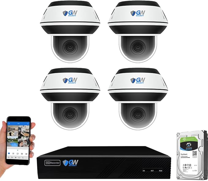 GW Security 8 Channel 12MP NVR with (4) x UHD 8MP 4K IP POE 5X Optical Zoom Motorized Two-Way Audio PTZ Color Night Vision Dome Security Camera System, Face Recognition, Human/Vehicle Detection