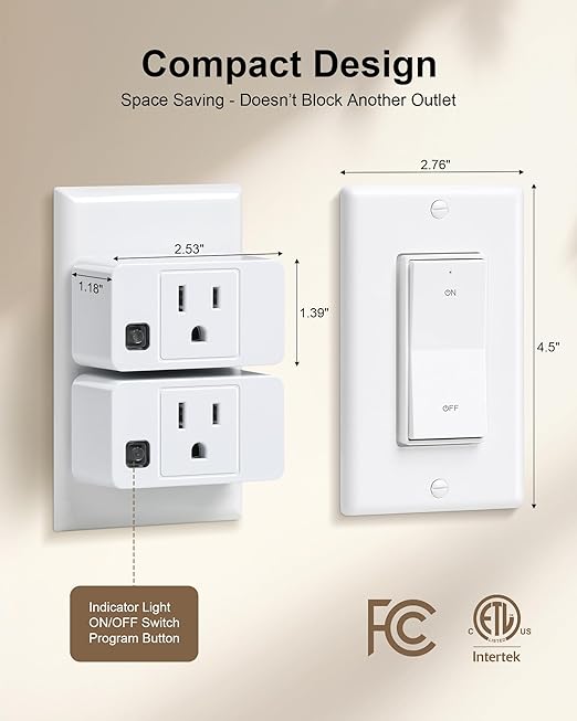 Remote Control Outlet, Decorator Rocker Wall Switch, 200FT Long Range Wireless Light Switch, Mini Remote Outlet Plug, 15A/1875W High-Power for Lamps, Lights, Household Appliances, ETL Listed