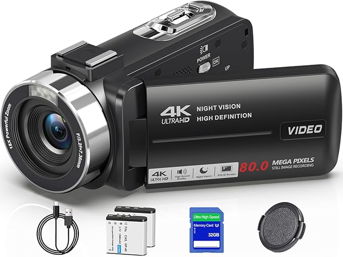 4K Camcorder Video Camera UHD 80MP IR Night Vision Vlogging Camera for YouTube,18X Digital Zoom Camcorder 3.0" 270° Rotation IPS HD Screen Video Recorder With 32GB SD Card, Lens Cap and 2 Batteries