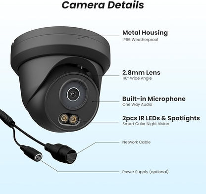 UNILOOK 4K 8MP PoE Security Camera, Turret IP Camera Outdoor Indoor Wired, 100ft Smart Color Night Vision, Human/Vehicle Detection, IP66, Built-in Audio, @20fps, Wide Angle, Full Metal, NDAA (Black)