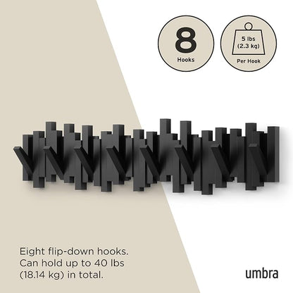 Umbra Sticks Wall Coat Rack, Wall Mount 8 Retractable Hooks, Black | Modern sculptural look, holds five pounds each, fits entryways and bedrooms, easy to install, recycled plastic