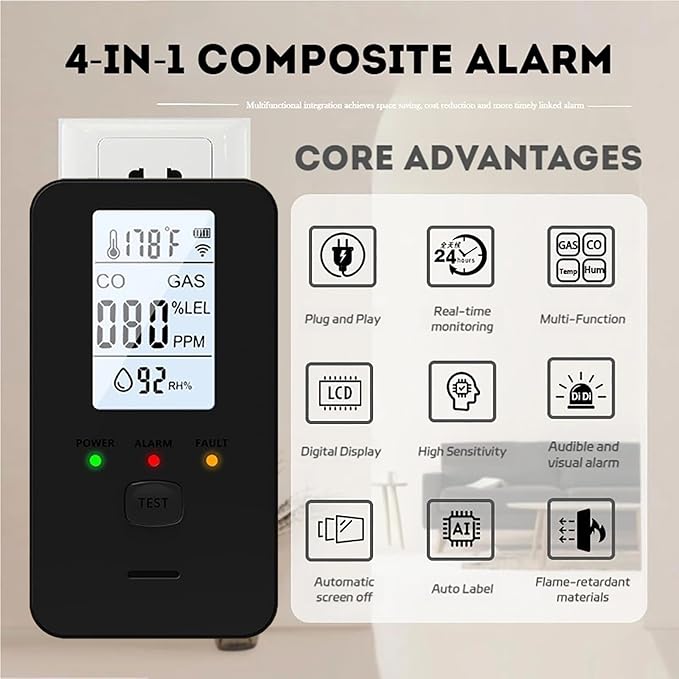 4-in-1 Detector, 4-in-1 Gas Detector (CO/Temp/Humidity), with HD Digital Display, for Home, Kitchens, Hotel (Black*3)