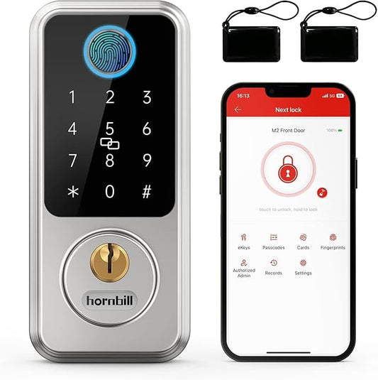 Hornbill Smart Door Lock with Keypad, Keyless Entry Home with Your Smartphone, Bluetooth Smart Deadbolt Door Lock Works with APP Control, Code and eKey, Auto Lock for Home Hotel Apartment Silver