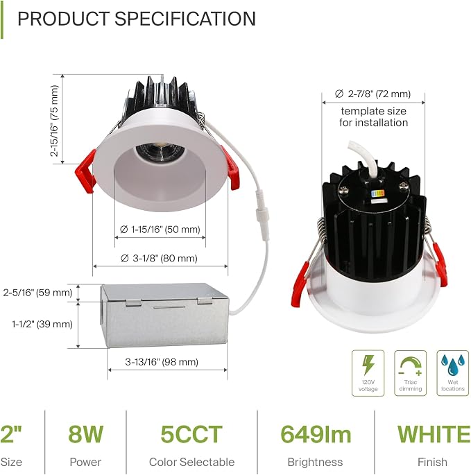 ASD 2 Inch LED Recessed Lighting with Junction Box, 8W 650 Lumens, Dimmable Anti-Glare Downlight, 2700K/3000K/3500K/4000K/5000K Selectable, CRI 90+, Round White Trim, IC Rated, ETL, Energy Star