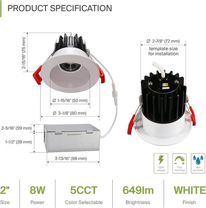 ASD 2 Inch LED Recessed Lighting with Junction Box, 8W 650 Lumens, Dimmable Anti-Glare Downlight, 2700K/3000K/3500K/4000K/5000K Selectable, CRI 90+, Round White Trim, IC Rated, ETL, Energy Star