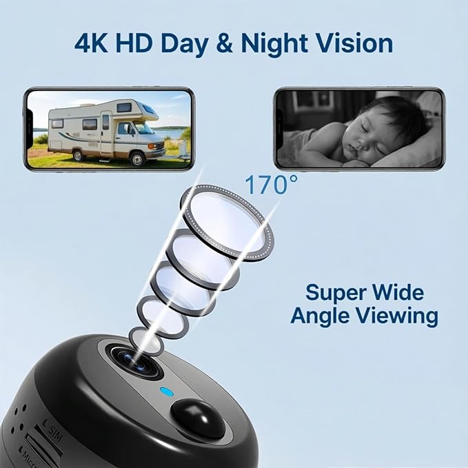 Mini Portable 4G LTE Cellular Security Camera with Magnetic Rotating Mount, 4K HD No Wi-Fi Security Camera with Built-in SIM, 60-Day Long Standby, Night Vision, PIR Motion Detection (W-Q2)