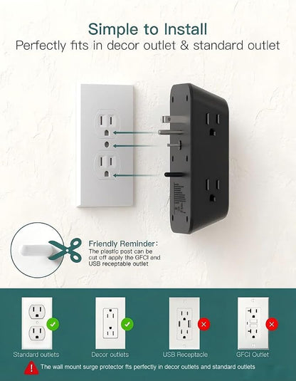 Addtam 6-Outlet Extender Surge Protector, Multi Plug Wall Outlet with 4 USB Wall Charger(2 USB C Ports), Plug Extension Outlet with 1800J, Outlet Splitter Power Strip for Home Office, Black