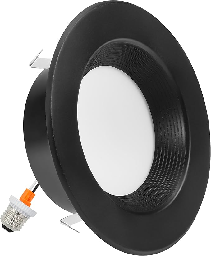 Maxxima 4 in. 5 CCT Retrofit Recessed LED Downlight, 800 Lumens, with E-26 Quick Connect, Color Selectable 2700K-5000K (2700K/3000K/3500K/4000K/5000K), Dimmable, Black Trim