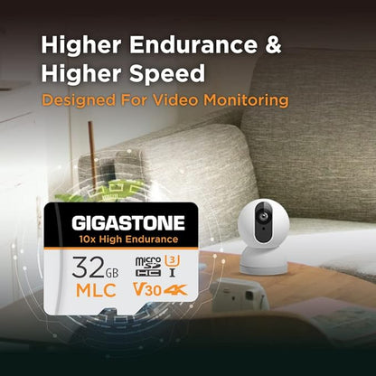 [10x High Endurance] GIGASTONE Industrial 32GB MLC Micro SD Card, 4K Video Recording, Security Cam, Dash Cam, Surveillance Compatible 95MB/s, U3 C10, with Adapter [5-Yrs Free Data Recovery]
