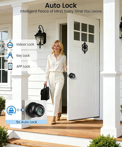 Smart Door Knob with Lock, Keyless Entry Fingerprint Door Lock, Black | Smart Lock with Auto-Lock , App, Key, Fingerprint Door Locks for Front Door, Garage, Apartment, Hotel, Interior, Exterior