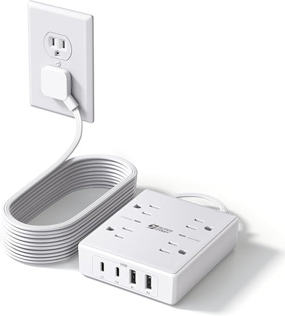 SUPERDANNY Flat Plug Power Strip Surge Protector 10 Ft Long Flat Extension Cord with 4 Outlets & 4 USB (2 USB-C) Charging Station for Home Office, College Dorm Room Essentials, Travel, White