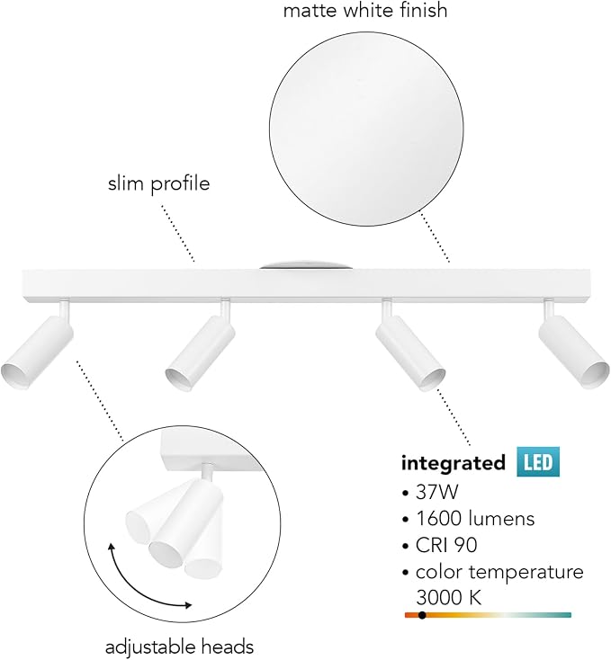 Globe Electric 64000120 28" 4-Light LED Integrated Track Lighting, Matte White, Adjustable Pivoting Track Heads, 37W, 1600 Lumens, 3000 Kelvin, Dimmer Switch Compatible, Modern Ceiling Fixture