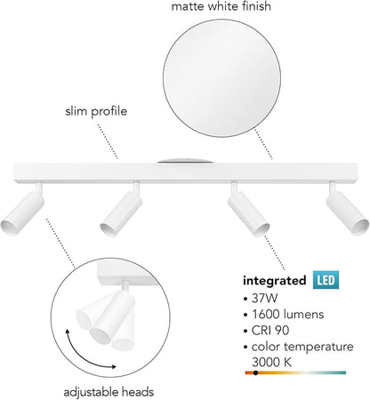 Globe Electric 64000120 28" 4-Light LED Integrated Track Lighting, Matte White, Adjustable Pivoting Track Heads, 37W, 1600 Lumens, 3000 Kelvin, Dimmer Switch Compatible, Modern Ceiling Fixture