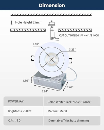 POPANU 4inch Gimbal LED Recessed Light Recessed LED 4 inch White Swivel Gimbal Canless Light 360° Rotation 90° Tilt 4" 9W Eyeball Lighting Dimmable Adjustable Can Spotlights 5CCT White 4 inch 6 Pack