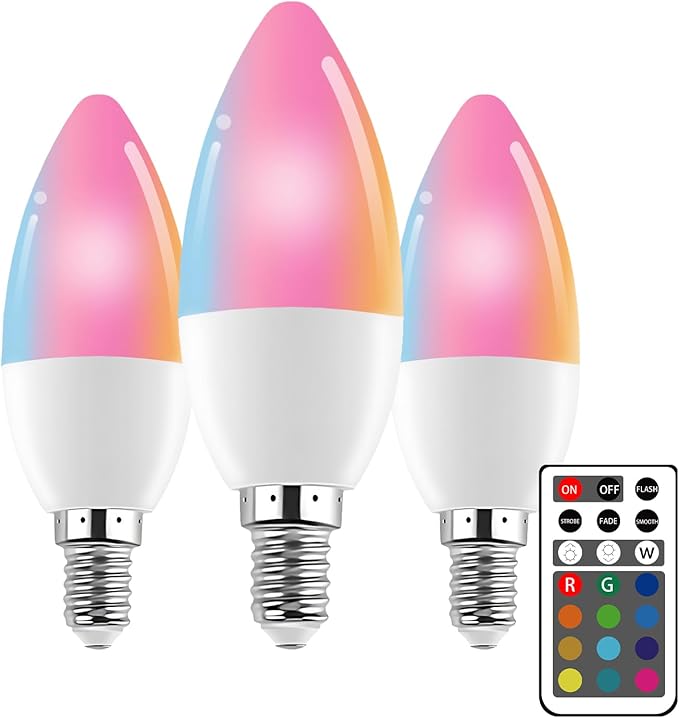 XRise E12 LED Bulb 3W Color Changing Candle Light (RGB + Warm White) 12 Colors, 3000K, Remote Control Included (1 Remote) Decorative Candle Lamp for Stage Home Decor,3 Pack