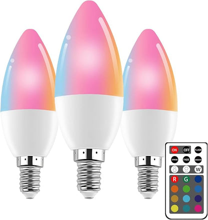 XRise E12 LED Bulb 3W Color Changing Candle Light (RGB + Warm White) 12 Colors, 3000K, Remote Control Included (1 Remote) Decorative Candle Lamp for Stage Home Decor,3 Pack