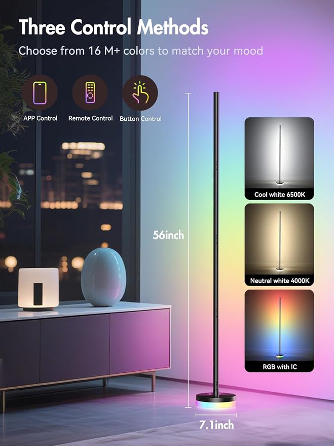 OIYN Corner Floor Lamp, RGBICW LED Corner Lamp with 1300lm Smart Modern Floor Lamp,App & Remote Control,Music Sync,Color Changing Standing Lamp for Bedroom Living Room and Gaming Rooms
