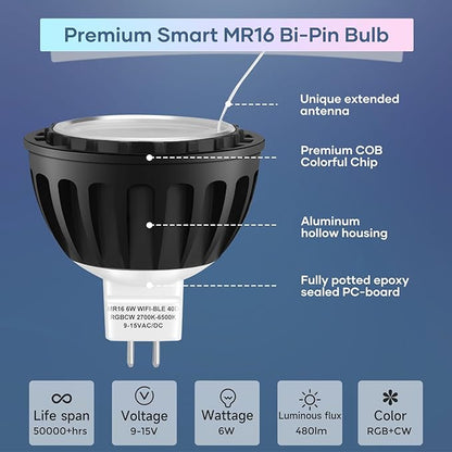 Gardencoin MR16 LED Bulb Color Changing, RGBCW Smart GU5.3 LED Bulbs Dimmable, 6W 12V Bi-Pin Base, Spotlight Bulbs Replacement for Halloween & Christmas Outdoor, WiFi Bluetooth Control (2 Pack)