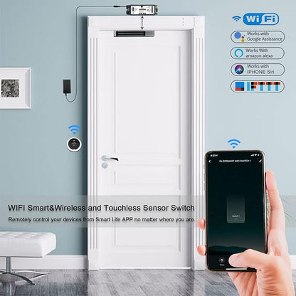 WiFi Access Control 400lb Holding Force Electic Magnetic Door Lock System Kit with Remote and Smartphone app Control, paired with Wireless Metal Touchless Round Switch (Electric Magnetic Lock kit)